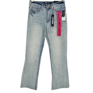 Dollhouse Kickboot Jeans High Rise Cropped Light Wash Denim Raw Hem
